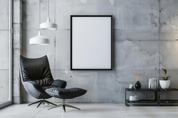 A 3D mockup frame hangs above a minimalist modern interior, showcasing simplicity and elegance, 3D render sharpen