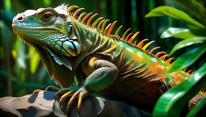A digital painting of a green iguana perched on a rock in a lush tropical setting