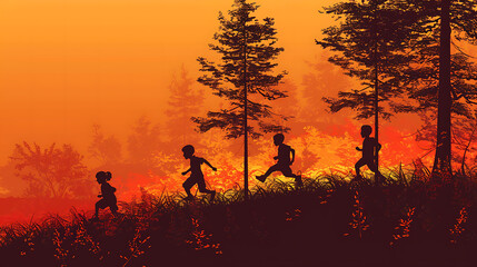 kids run in the park at sunset. friendly family children camp kid dream concept.