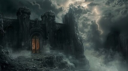 Terrifying gates of hell, smoky with the cries of souls, contrasted with the inviting doors of...