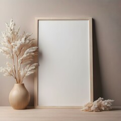 Frame for poster mockup on beige wall background decorated with dry plants