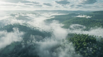 Obraz premium A 3D render of an aerial view captures clouds over a valley with fog weaving through the forests and hills, Sharpen Landscape background