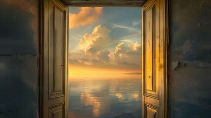 Through an elegant door, observe a soft yellow dawn casting over clouds and a reflective lake, symbolizing optimism and brightening the viewer's mood