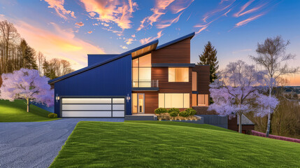 Obraz premium Modern home facade with stylish exteriors. Real Estate concept image.