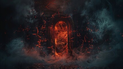 The entrance to Hell depicted as a door covered in darkness, mist, and cobwebs, with the eerie glow of flames revealing the despair of suffering souls
