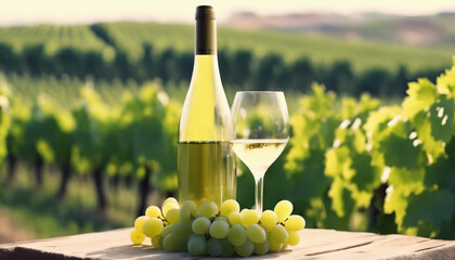 Fototapeta premium green grapes, white wine and one bottle of white wine vineyards in the background 