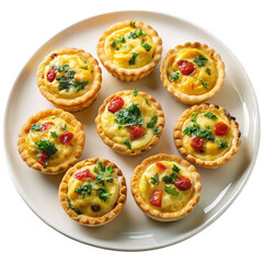 A plate on mini quiches isolated on transparent background.