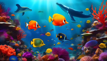 A digital painting of diverse marine life in an underwater scene, with vibrant coral reefs and swaying seaweed