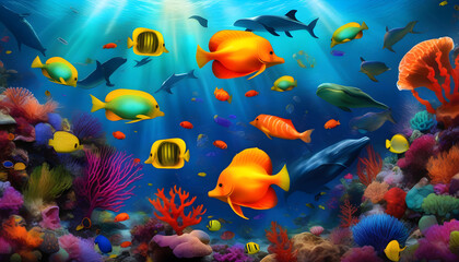 Fototapeta premium marine animals in their natural habitat, with vibrant coral reefs 