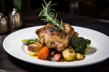 a plate of food with a piece of chicken on it