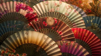 Assorted oriental fans with floral seamless patterns