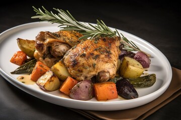 a plate of food with a turkey and vegetables on it.