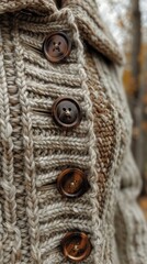 Hand knitted gray color wool sweater. Close-up taken of front wool sweater and have buttonholes,closed. Trend fashion clothes,
