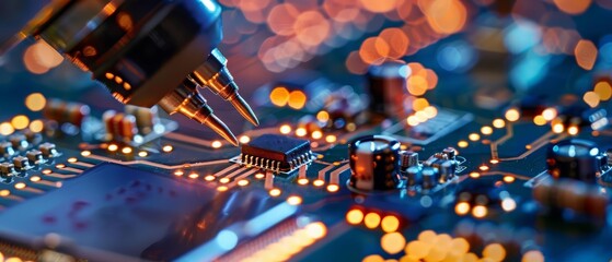 A robotic arm deftly manipulates microscopic circuit components, showcasing precision in modern manufacturing, Sharpen close up hitech concept with blur background