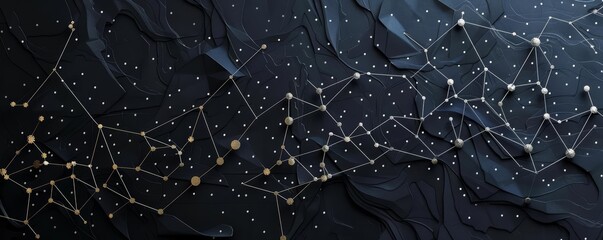 A starry night sky where constellations are connected by fine, silver threads against a dark paper backdrop, in paper art style concept