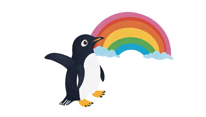 A cheerful penguin illustration with a bright rainbow and clouds in a white background
