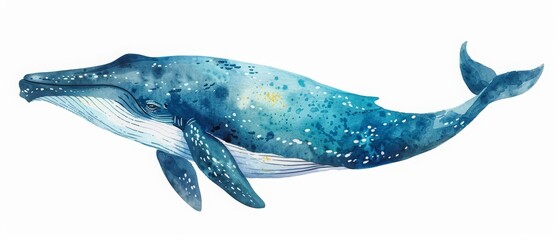 A watercolor painting of a simple blue whale in the deep sea, clean, Clipart isolated on white background