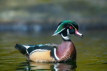Stunning colorful wood duck in the water at eye level