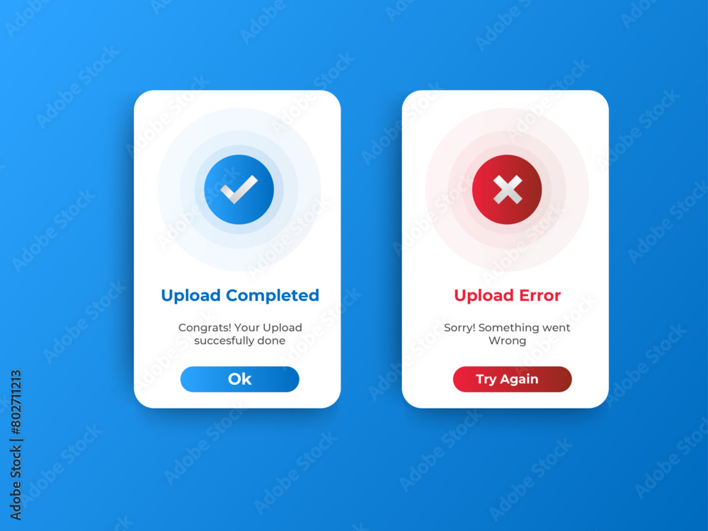 Poster upload completed and failed pop up notification design. flash message. vector