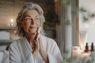 an older woman in her bathroom, wearing a white bathrobe and applying cream to her face, with a mirror behind showing that she has gray hair. She is holding a skin care product from its package