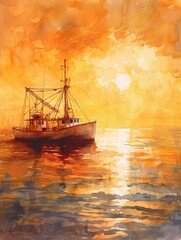 Watercolor painting of a fishing boat. The fishing boats will return from fishing in the morning. Use for phone wallpaper, posters