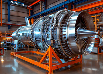 Jet engine on display in industrial facility