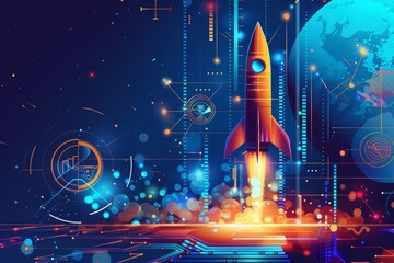An innovative tech startups milestones are charted on the creative banner of progress, underscored by a futuristic blue background