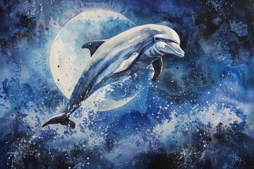 Watercolor painting of a dolphin on a full moon night. Dolphins are a species similar to whales. But smaller
 than a whale. Mostly found in seas and oceans or rivers. Use for wallpaper
