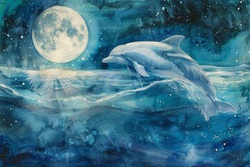 Watercolor painting of a dolphin on a full moon night. Dolphins are shaped like fish, with fins and a tail,
 but dolphins are not fish. Because it is a mammal that has a placenta. Use for wallpaper.