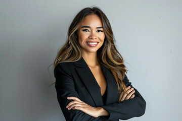 Beautiful smiling business woman with arms crossed isolated on white background