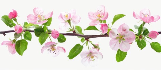 Apple blossoms blooming during spring against a white backdrop.