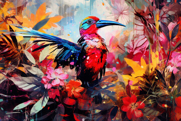 Colorful artistic rendition of a bird among vivid flora