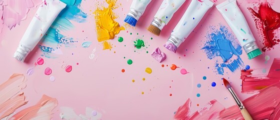 Creative flat lay template of colorful acrylic paint tubes and brushes, inspiring the artists palette, with solid background and copy space on center