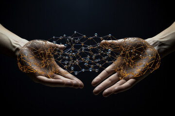 Two hands with glowing digital network structure symbolizing connectivity
