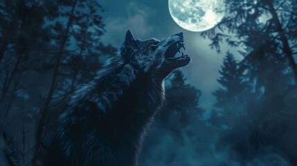 A haunting image of a wolf howling into the night sky with a full moon overhead