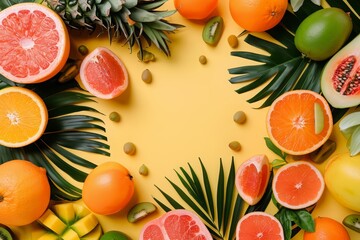 Creative flat lay template of assorted tropical fruits, highlighting summer flavors and freshness, with solid background and copy space on center