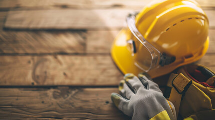 construction safety gear on wooden background