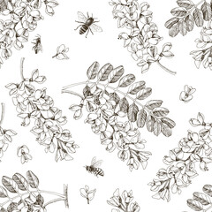 Seamless pattern with blooming acacia and honey bees