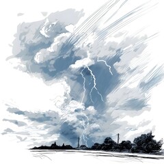 Fototapeta premium Strokes of cloud to ground lightning strike, Lightning between clouds and ground sketch drawing, contour lines drawn PNG