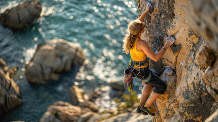 Woman in her thirties climbing up rock face, extreme sports, strength and physical activity