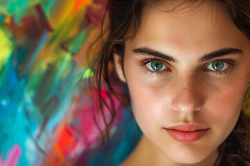 See the focused expression of a diligent architect, her plans visible in her eyes, in this charismatic closeup portrait against an abstract, vivid backdrop, half body colorful