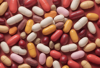 Vitamin capsules in a spoon on a colored background Pills served as a healthy meal Red soft gel vitamin supplement capsules on spoon.