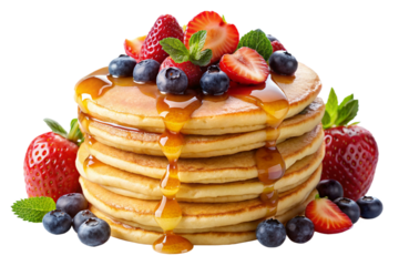 Isolated Pile of Pancakes: A stack of fluffy pancakes isolated on a transparent background, drizzled with syrup and topped with fruit, perfect for breakfast menus and brunch-themed designs.
