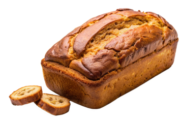 Isolated Loaf of Banana Bread: A freshly baked loaf of banana bread isolated on a transparent background, featuring ripe bananas and a moist texture, perfect for bakery menus and dessert recipes.
