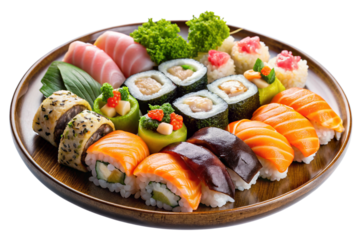 Isolated Plate of Sushi: A plate of assorted sushi isolated on a transparent background, featuring nigiri, maki, and sashimi, perfect for Japanese restaurant menus and sushi bar illustrations.
