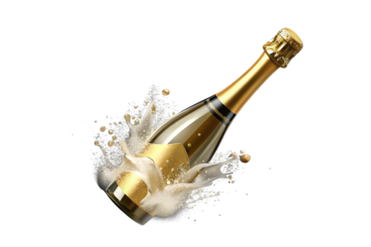 Isolated Bottle of Champagne: A bottle of champagne isolated on a transparent background, featuring a popping cork and bubbly liquid, ideal for celebratory occasions and New Year's Eve designs.
