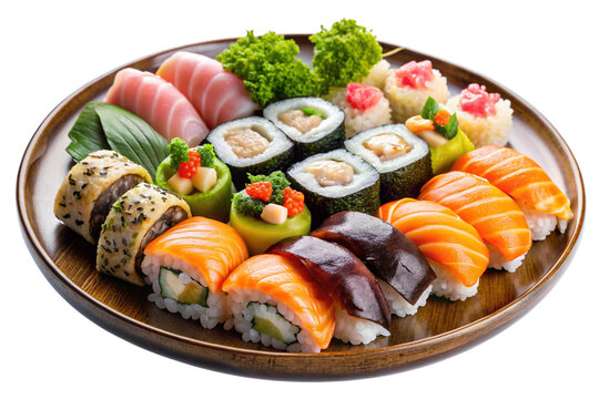 Isolated Plate of Sushi: A plate of assorted sushi isolated on a transparent background, featuring nigiri, maki, and sashimi, perfect for Japanese restaurant menus and sushi bar illustrations.
