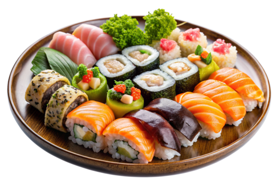 Isolated Plate of Sushi: A plate of assorted sushi isolated on a transparent background, featuring nigiri, maki, and sashimi, perfect for Japanese restaurant menus and sushi bar illustrations.
