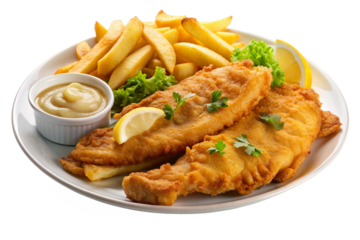 Isolated Plate of Fish and Chips: A plate of fish and chips isolated on a transparent background, featuring battered fish fillets and golden fries, ideal for pub menus and seafood illustrations.

