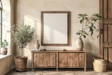 The interior of a living room displays a mockup poster frame against rustic cabinets, offering a contrast of old and new, 3D render sharpen